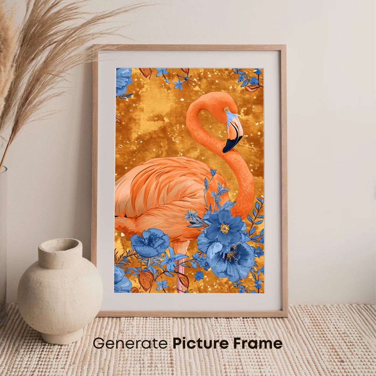 Flamingo in Blue Blossoms: A Golden Dream - Image 7