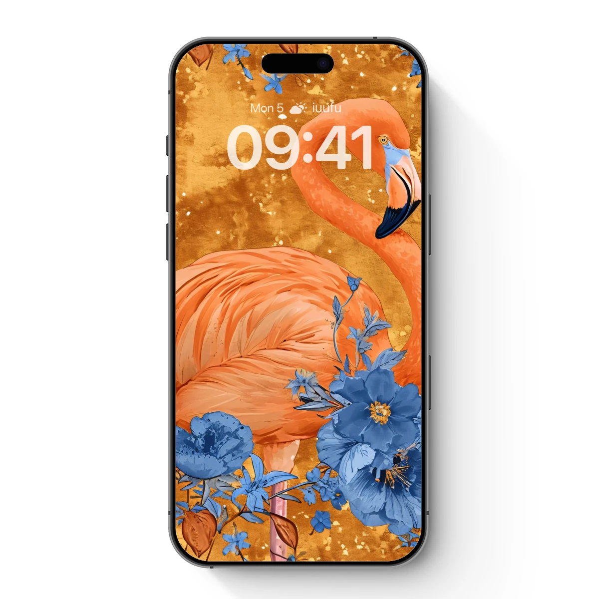 Flamingo in Blue Blossoms: A Golden Dream