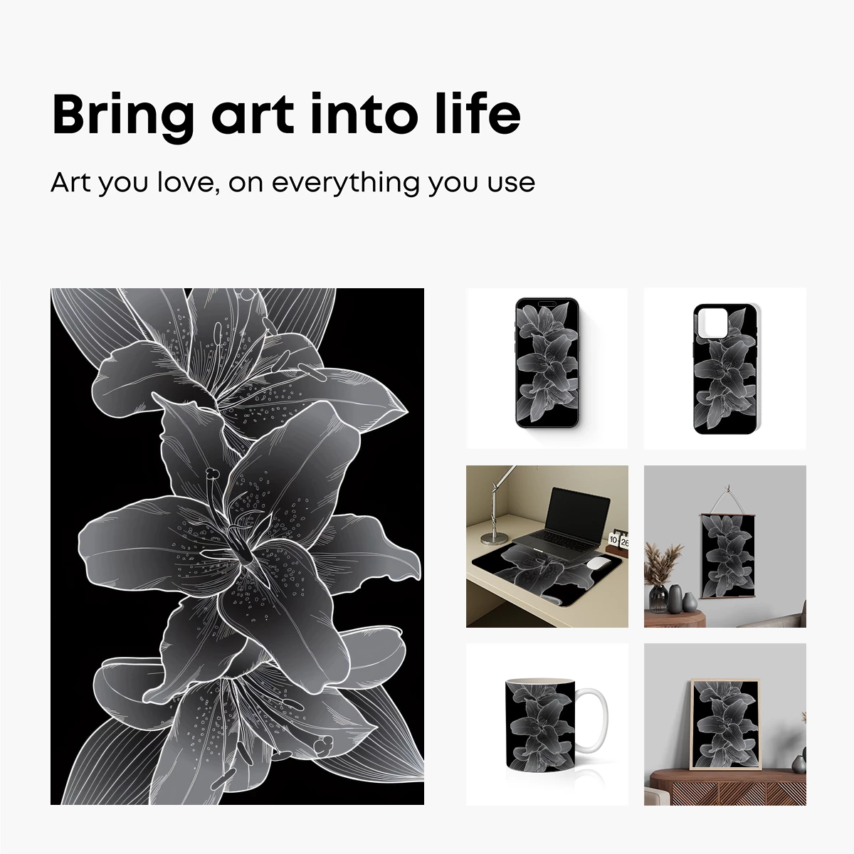 Elegant Silver Lilies: Monochromatic Floral Art - Image 2