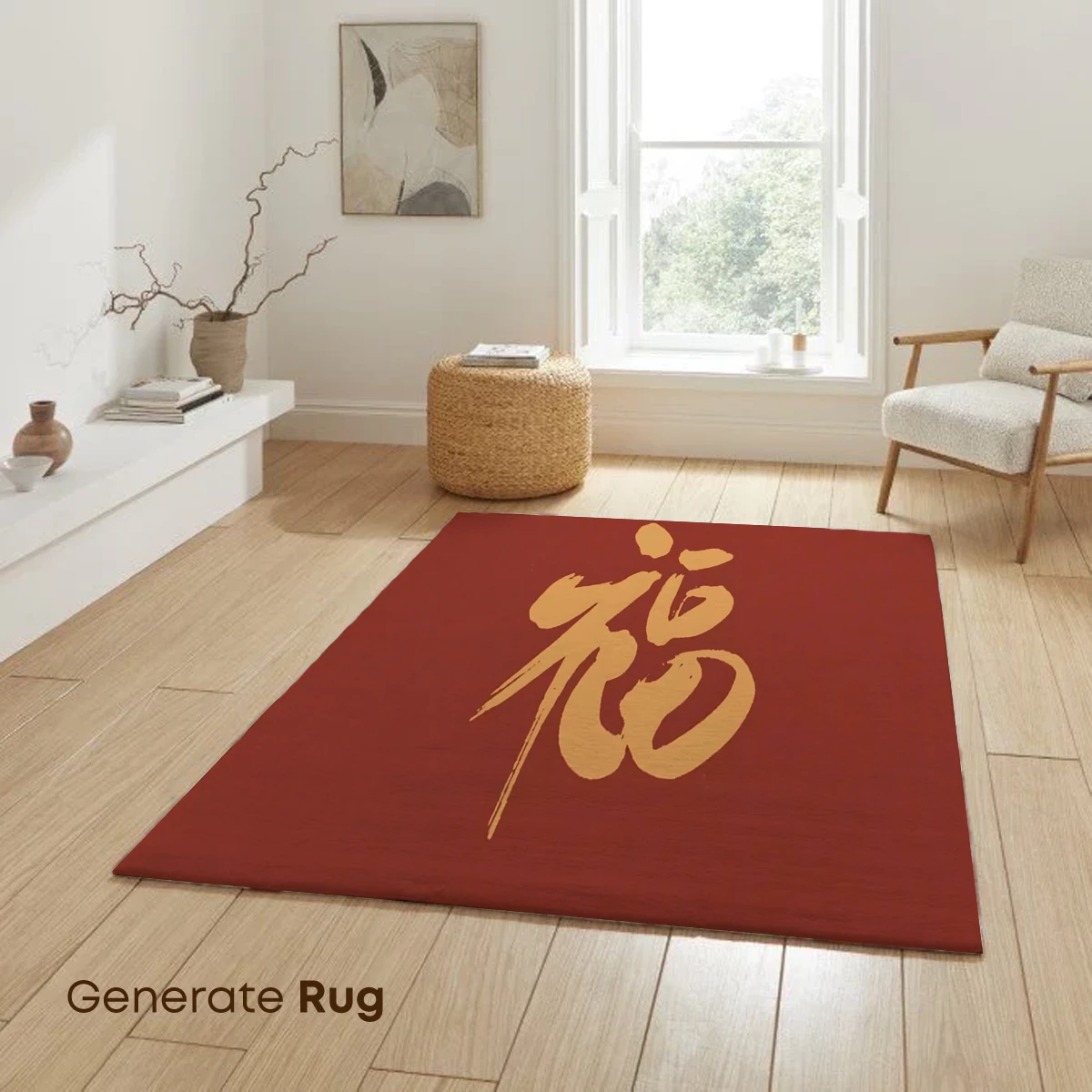 Golden Brushstroke 'Fu' on Crimson Canvas - Image 6