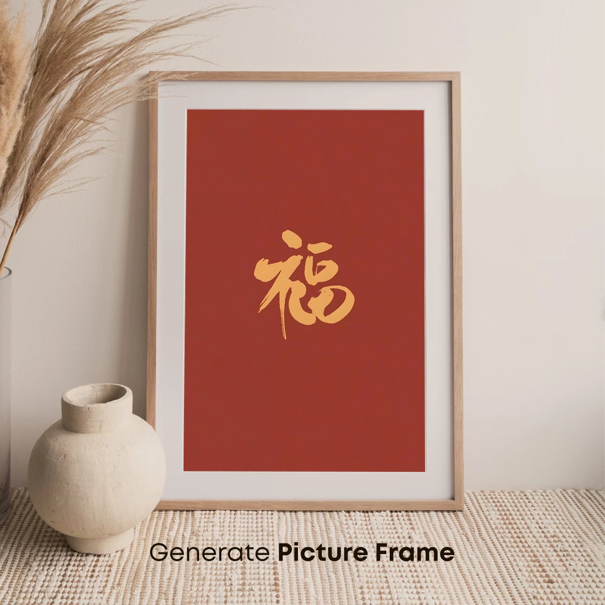 Golden Brushstroke 'Fu' on Crimson Canvas - Image 7