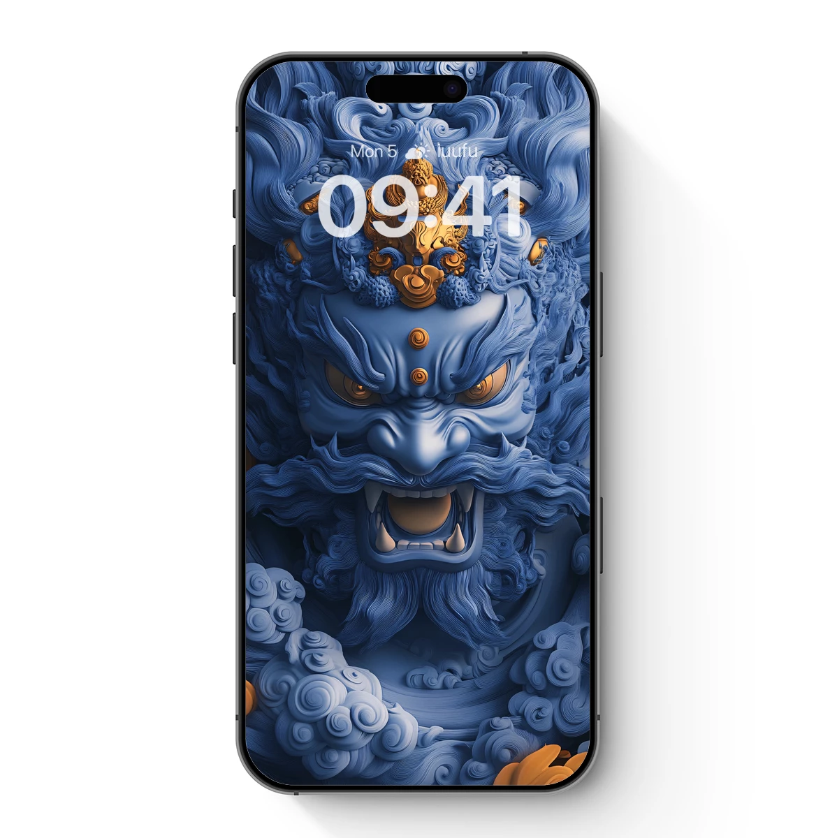 Blue Mythic Guardian: Clouds and Gold Ornamentation