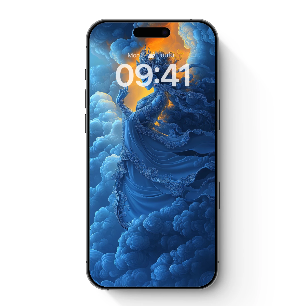 Ethereal Blue Goddess Amidst Celestial Clouds