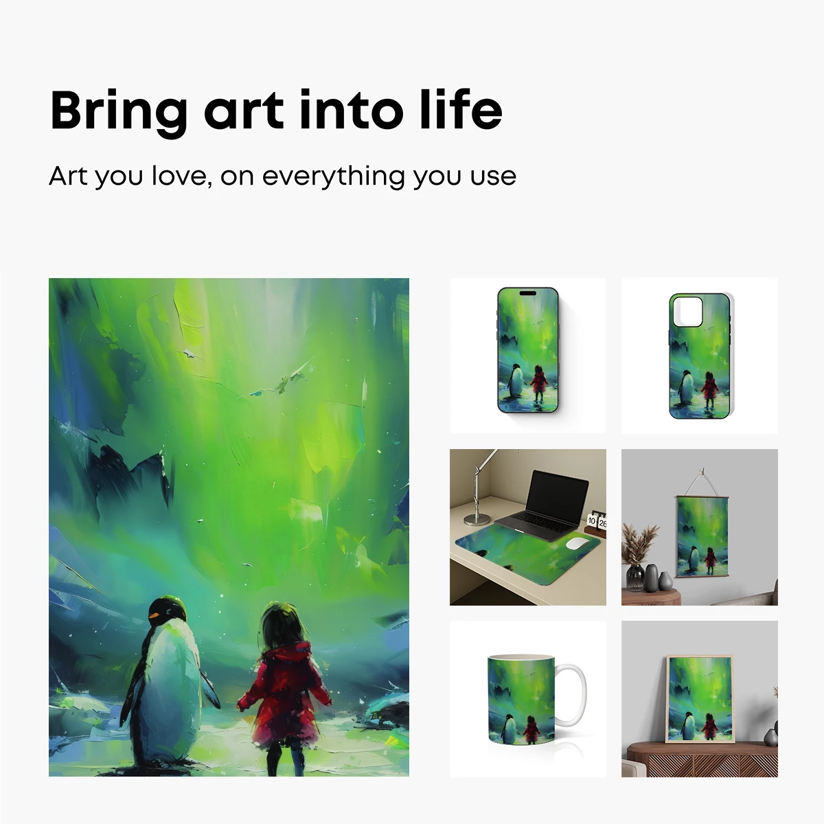 Aurora Adventure: Penguin and Child Under Northern Lights - Image 2