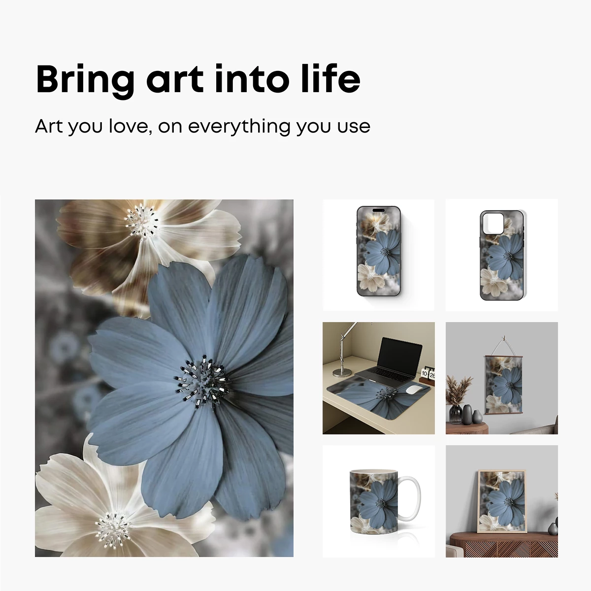 Ethereal Floral Symphony in Blue and Cream - Image 2