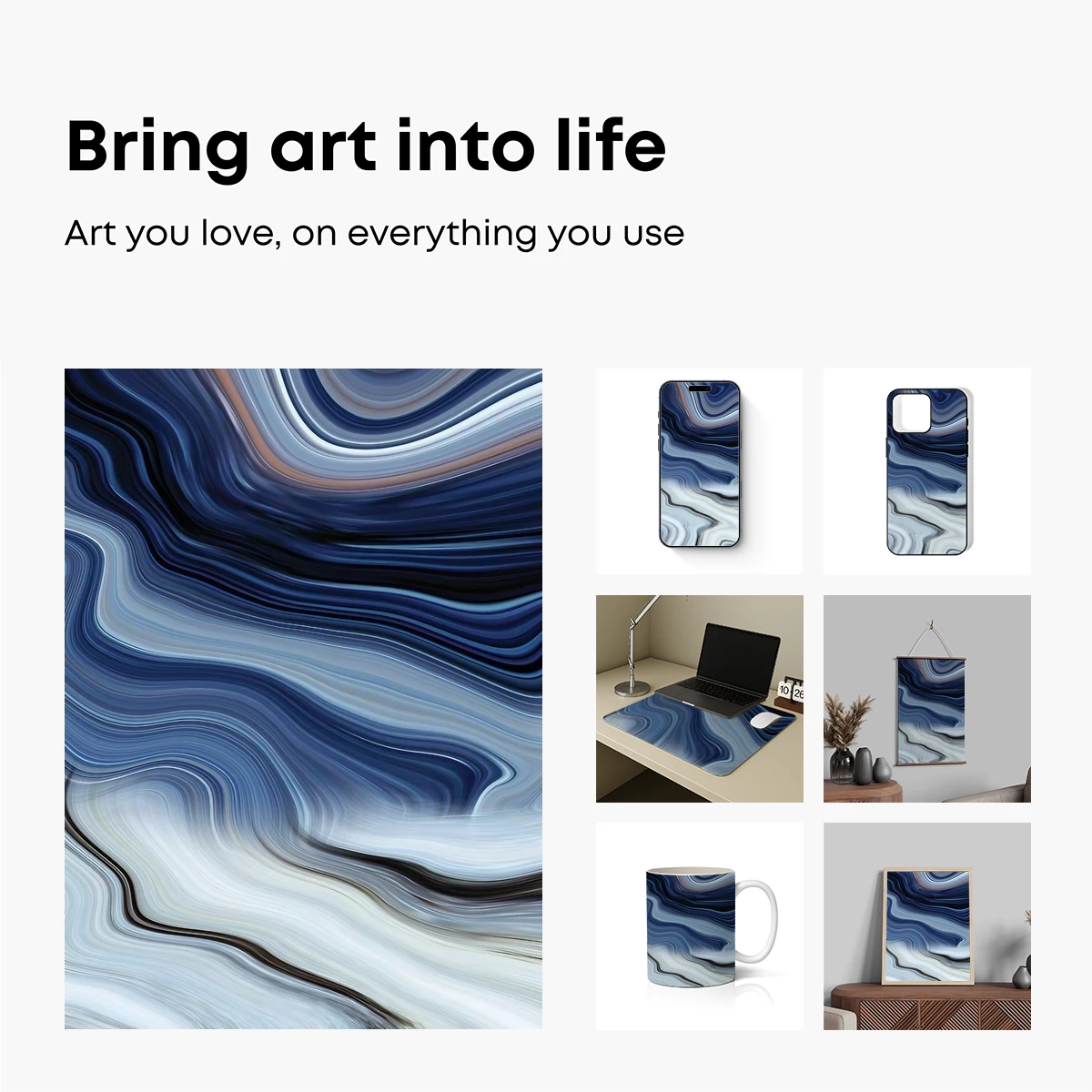 Fluid Marble Odyssey: Abstract Waves in Blue and White - Image 2