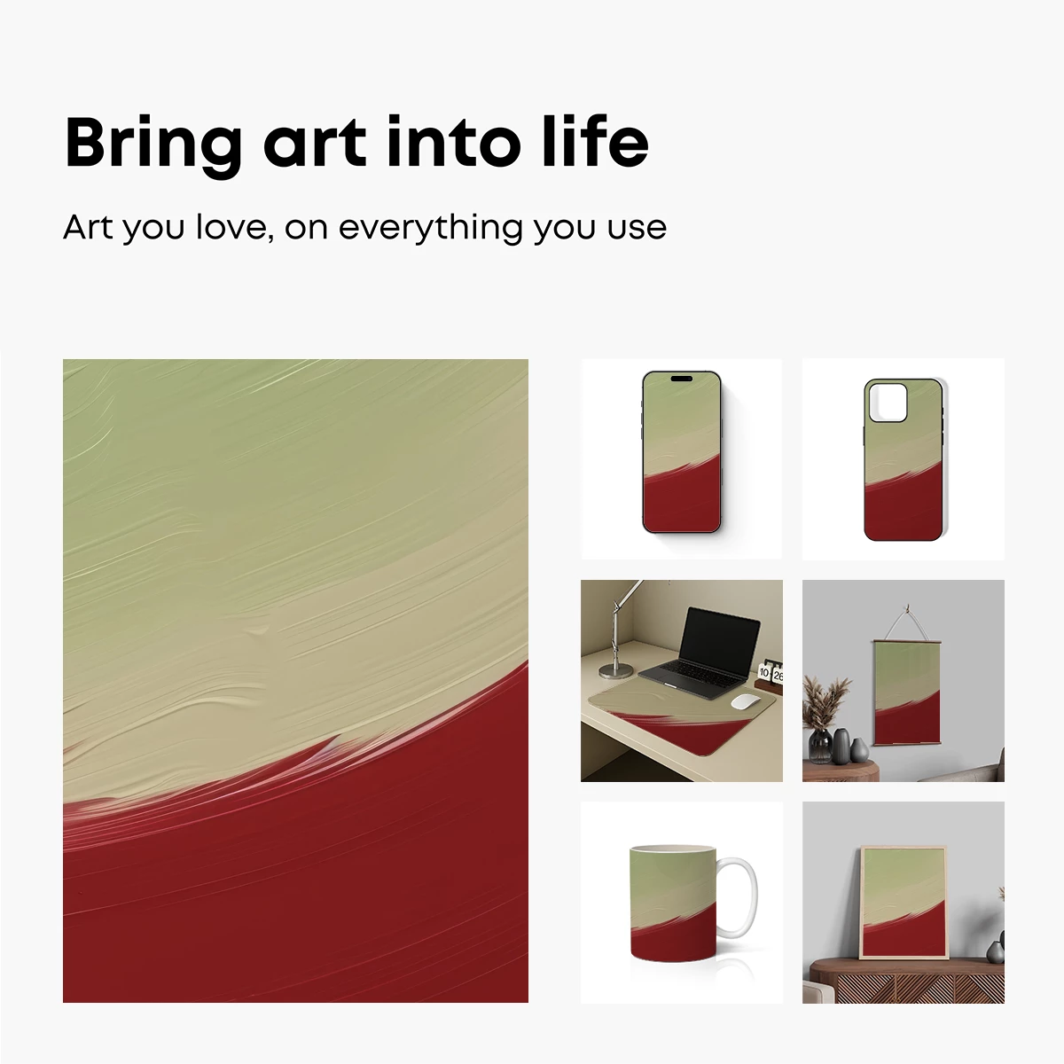 Abstract Brushstroke Symphony: Green, Cream, and Red - Image 2