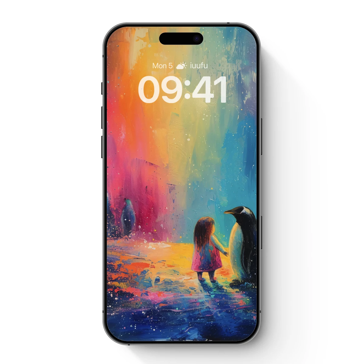 Child and Penguin in a Rainbow Aurora