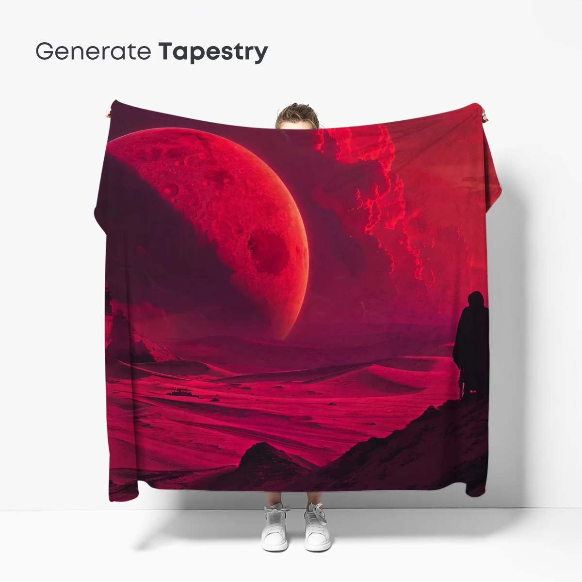 Crimson Desert Odyssey: A Lone Figure Under a Giant Red Moon - Image 5