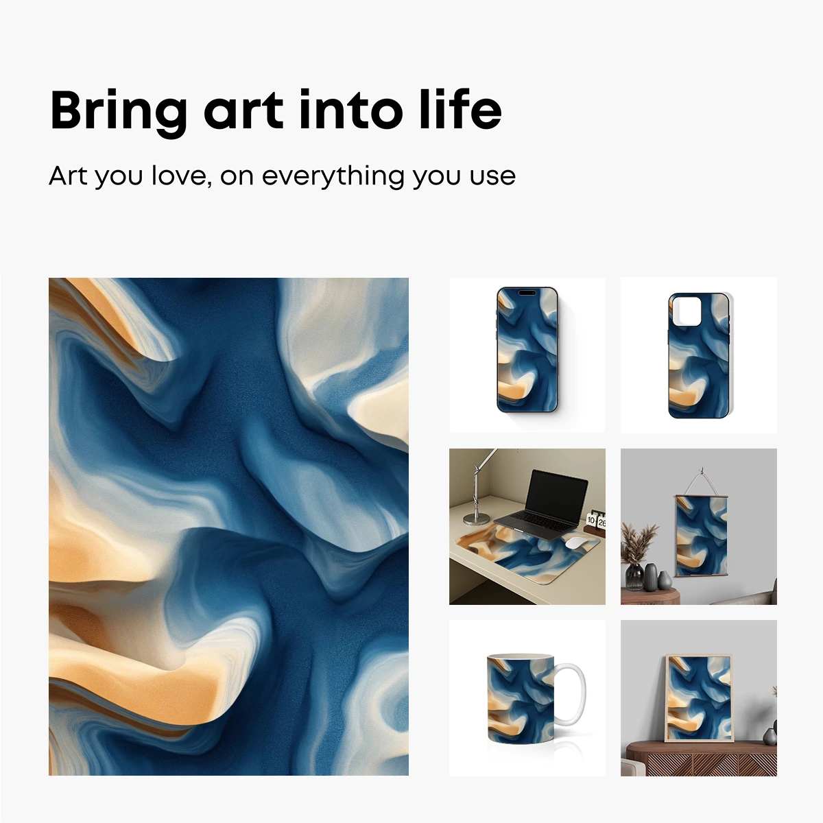 Fluid Dreamscape: Blue and Gold Abstract Waves