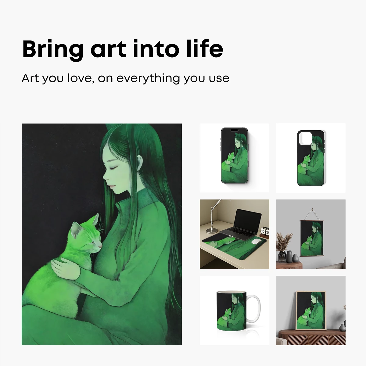 Ethereal Green Embrace: Woman and Cat in Harmony - Image 2