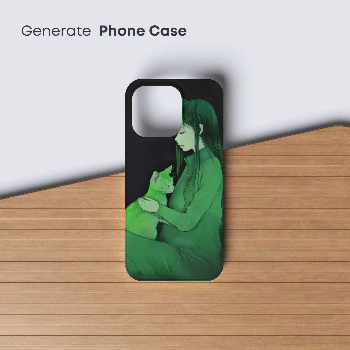 Ethereal Green Embrace: Woman and Cat in Harmony - Image 3