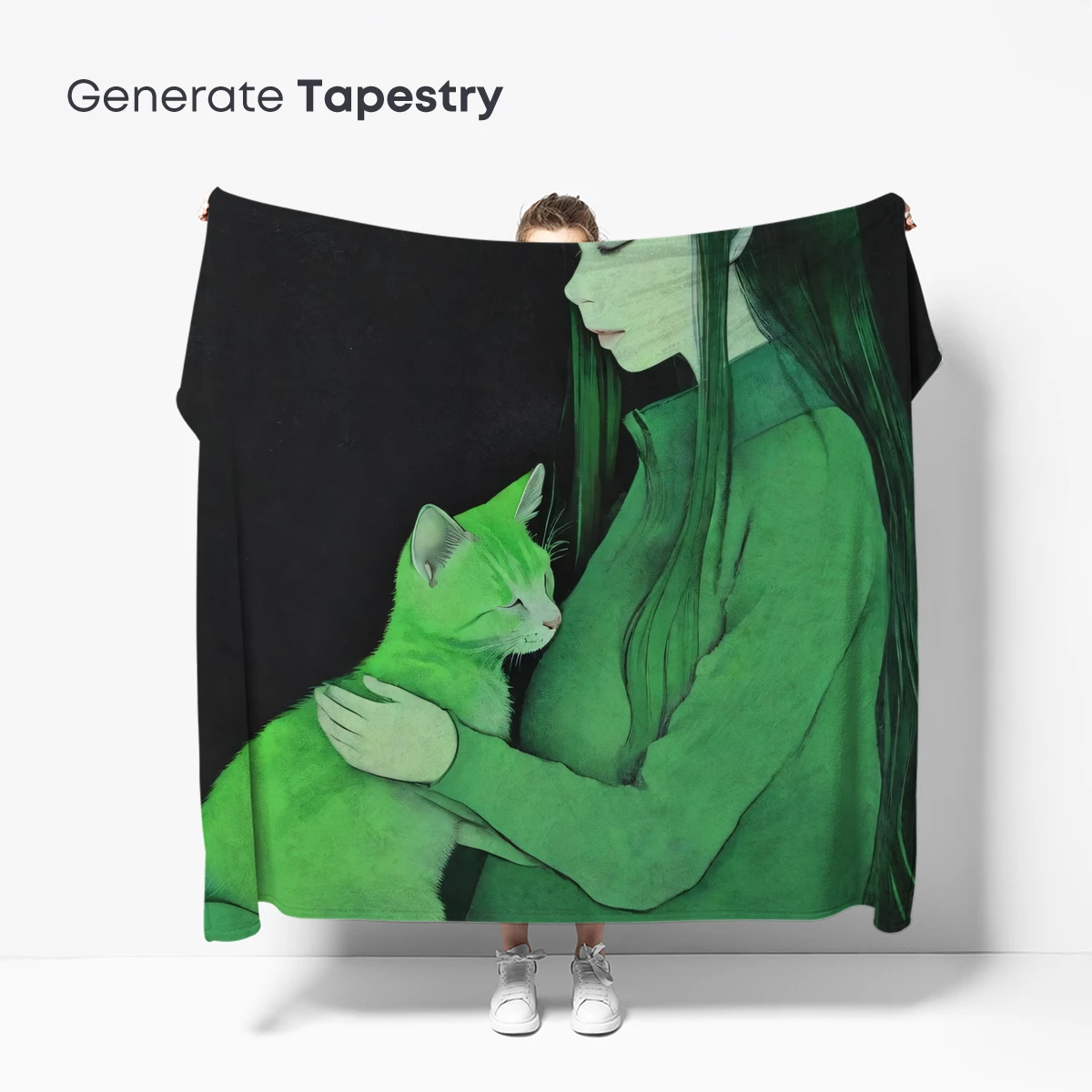 Ethereal Green Embrace: Woman and Cat in Harmony - Image 5