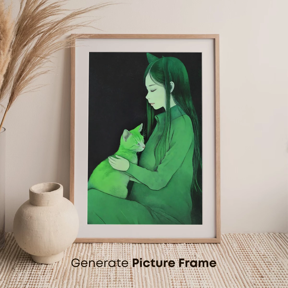 Ethereal Green Embrace: Woman and Cat in Harmony - Image 7
