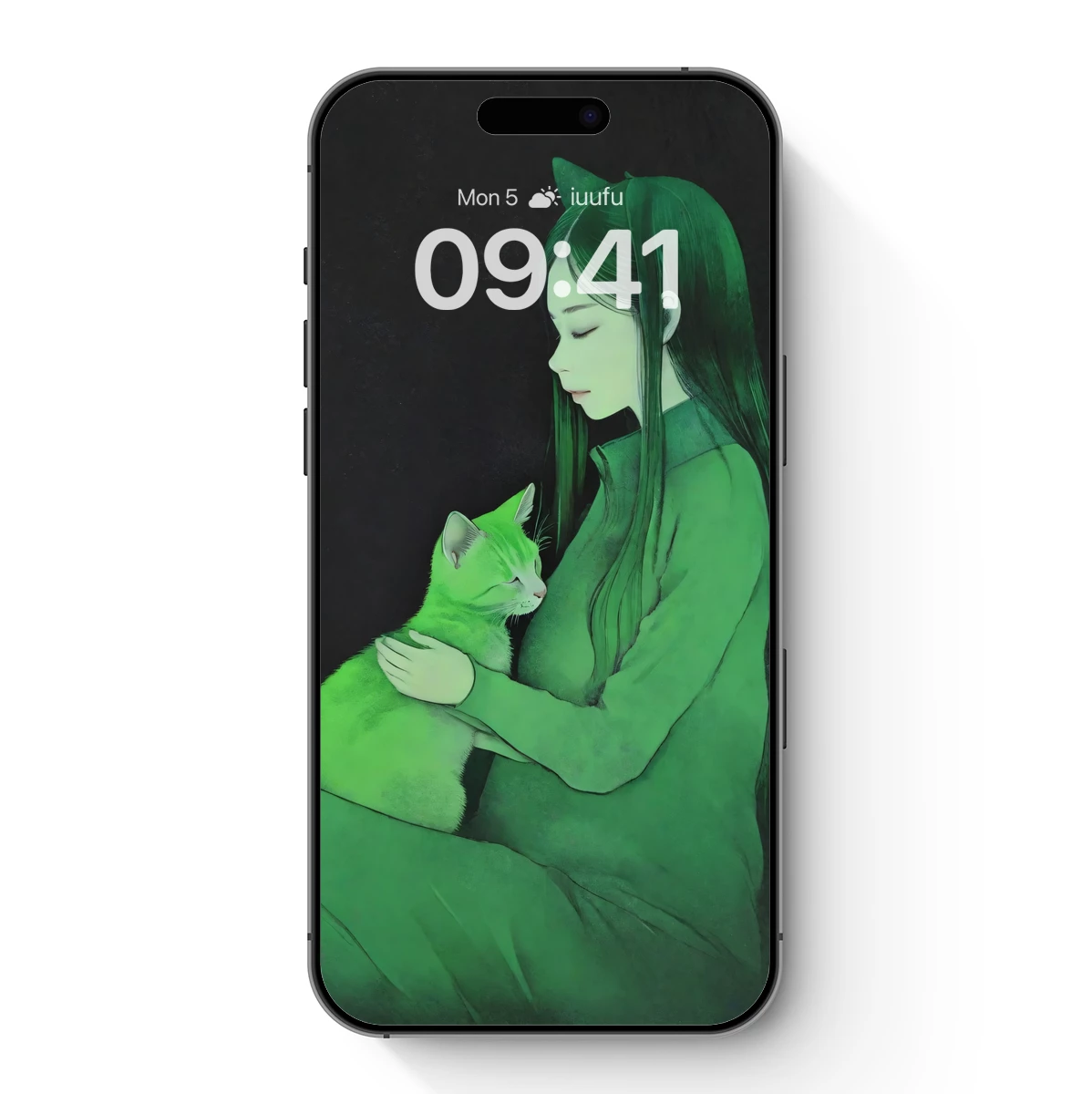 Ethereal Green Embrace: Woman and Cat in Harmony