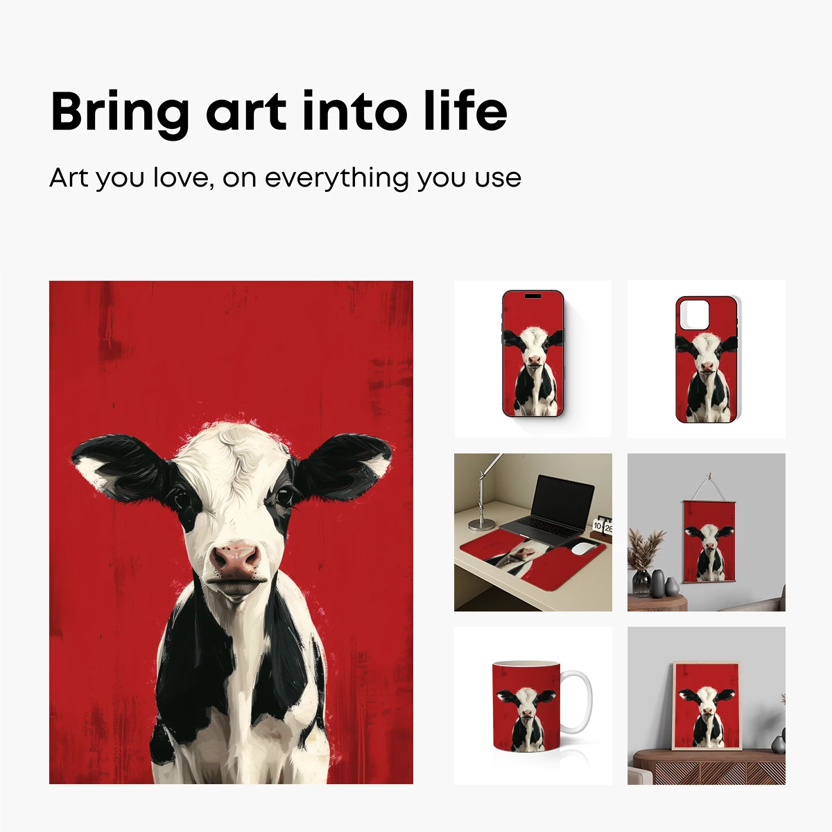 Bold Calf Portrait: Pop Art on Red Canvas - Image 2