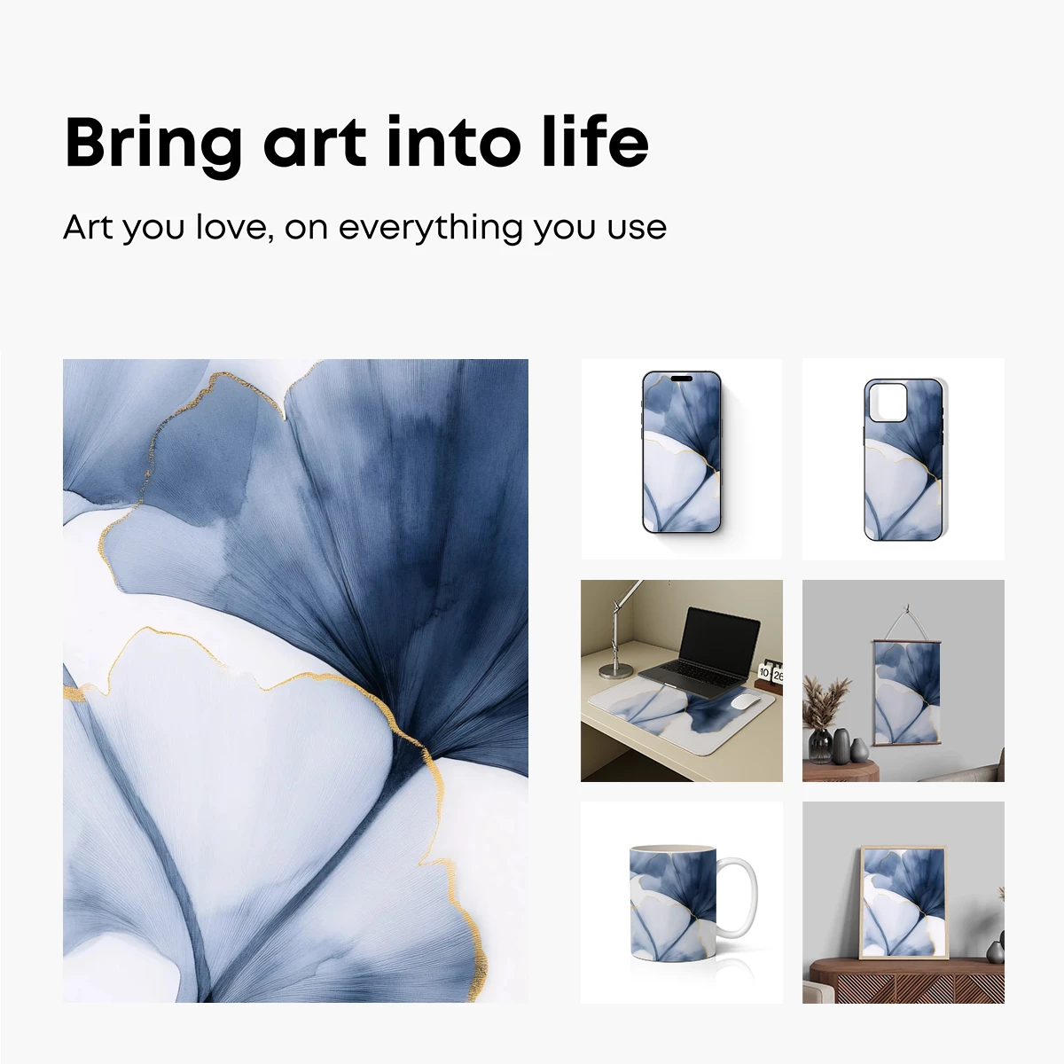 Elegant Ginkgo Leaves in Blue and Gold