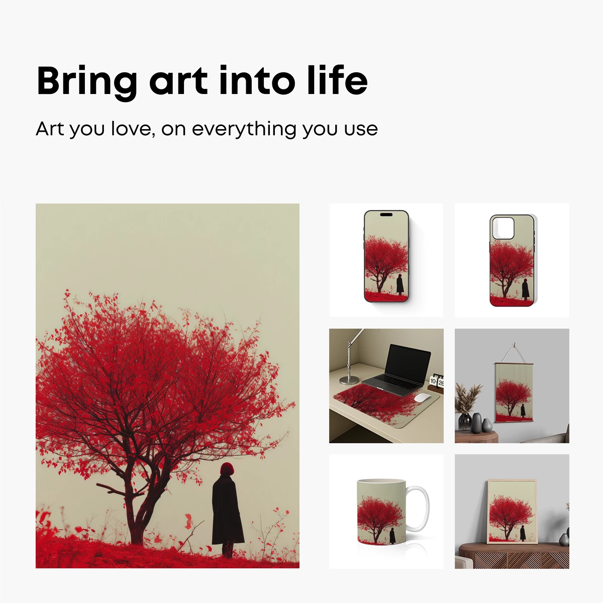 Crimson Solitude: A Lone Figure Beneath a Scarlet Tree - Image 2