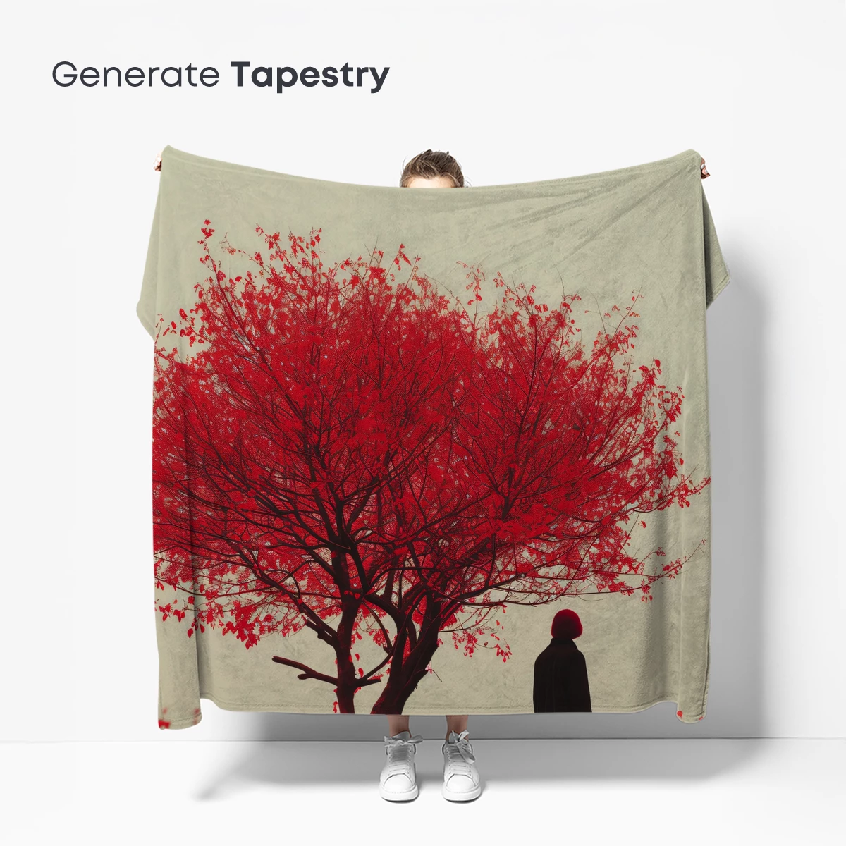 Crimson Solitude: A Lone Figure Beneath a Scarlet Tree - Image 5