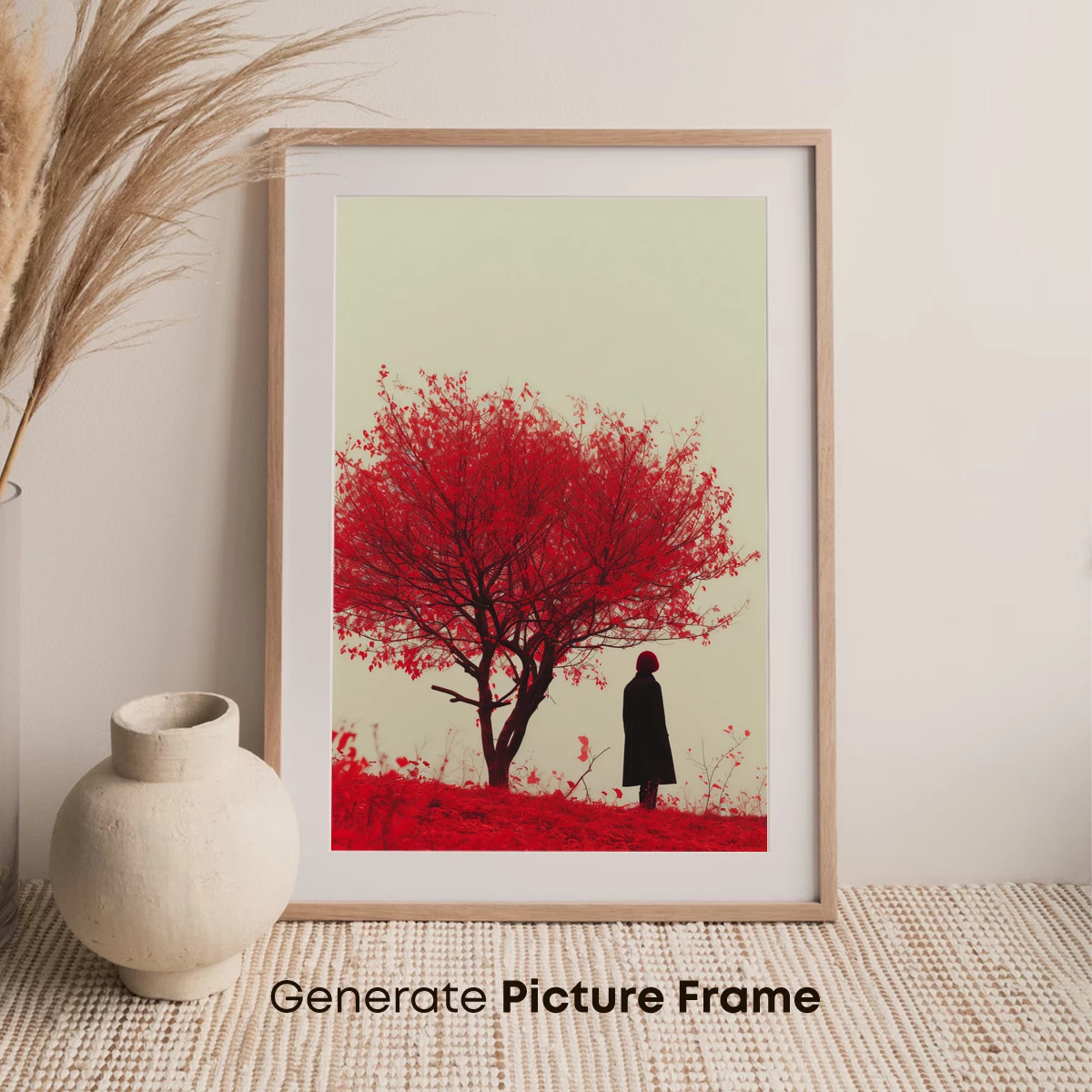 Crimson Solitude: A Lone Figure Beneath a Scarlet Tree - Image 7