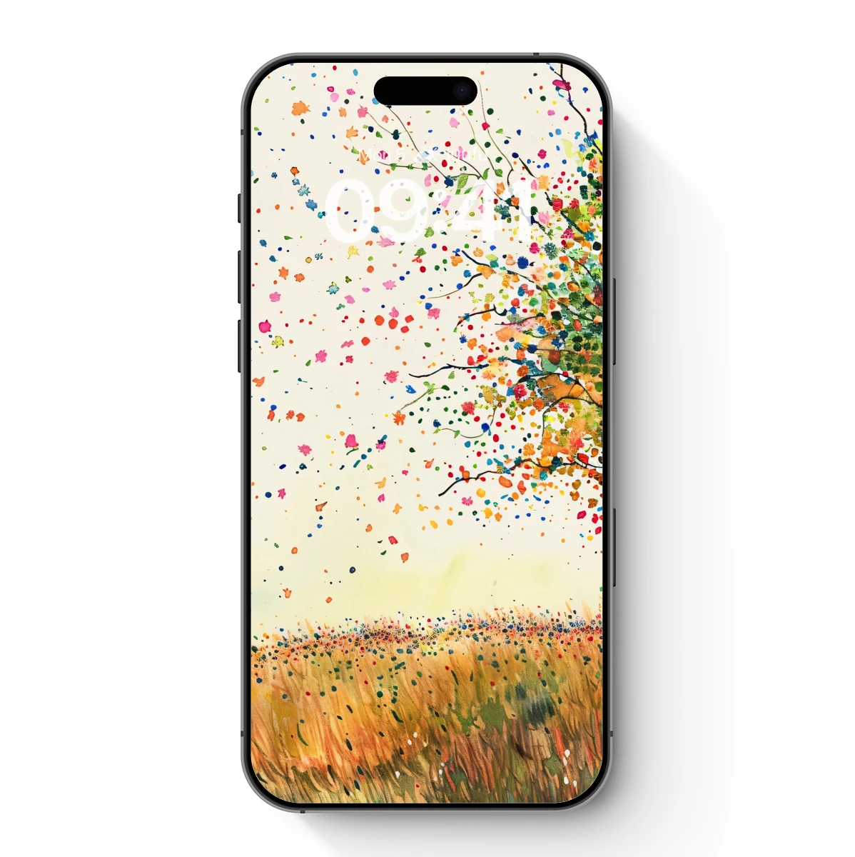 Autumn Whispers: Colorful Confetti Rain Over a Serene Field