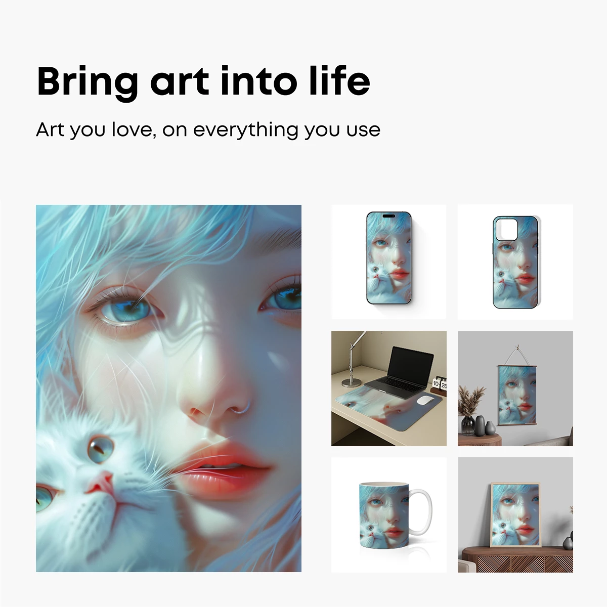Ethereal Bond: Blue-Haired Muse and White Cat - Image 2