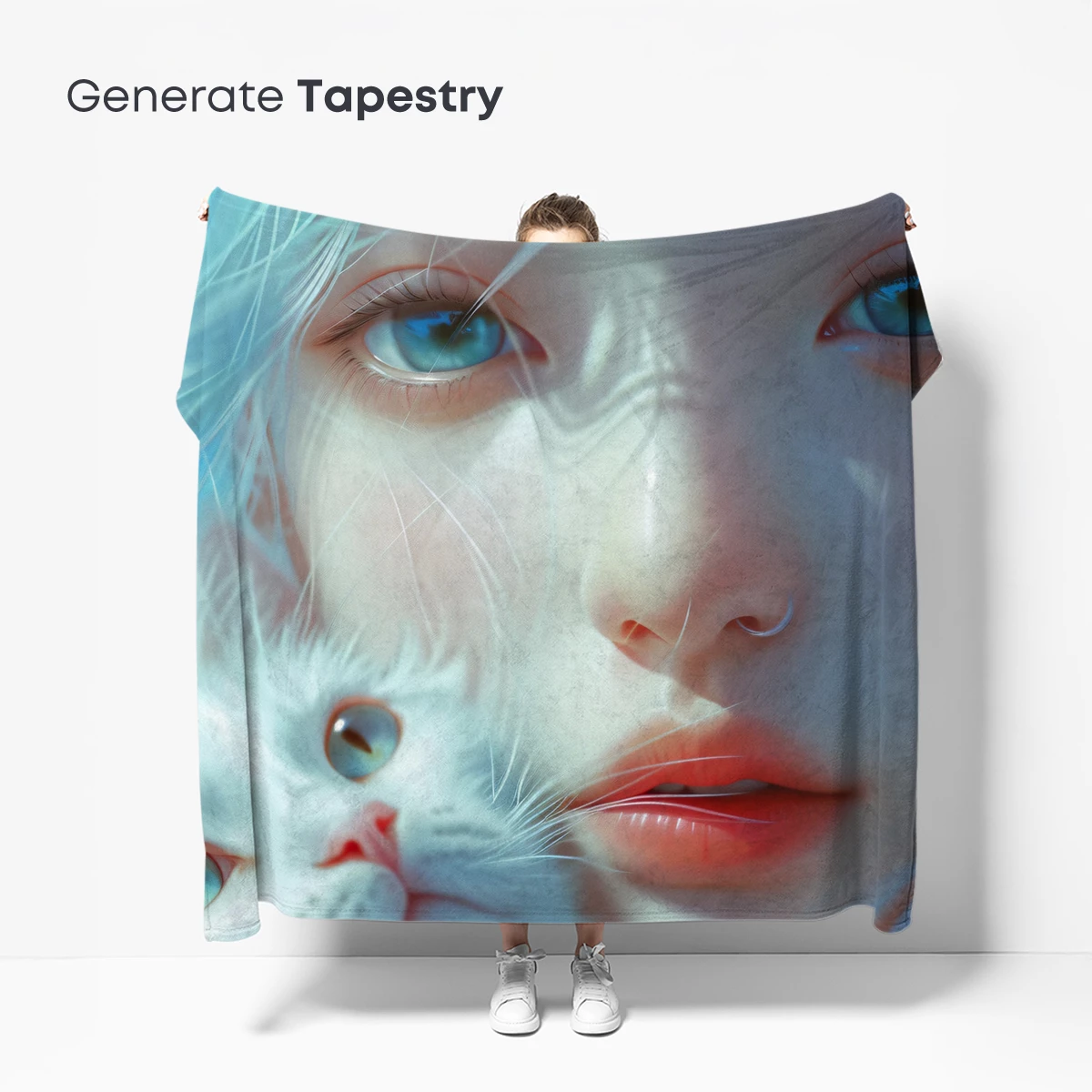 Ethereal Bond: Blue-Haired Muse and White Cat - Image 5