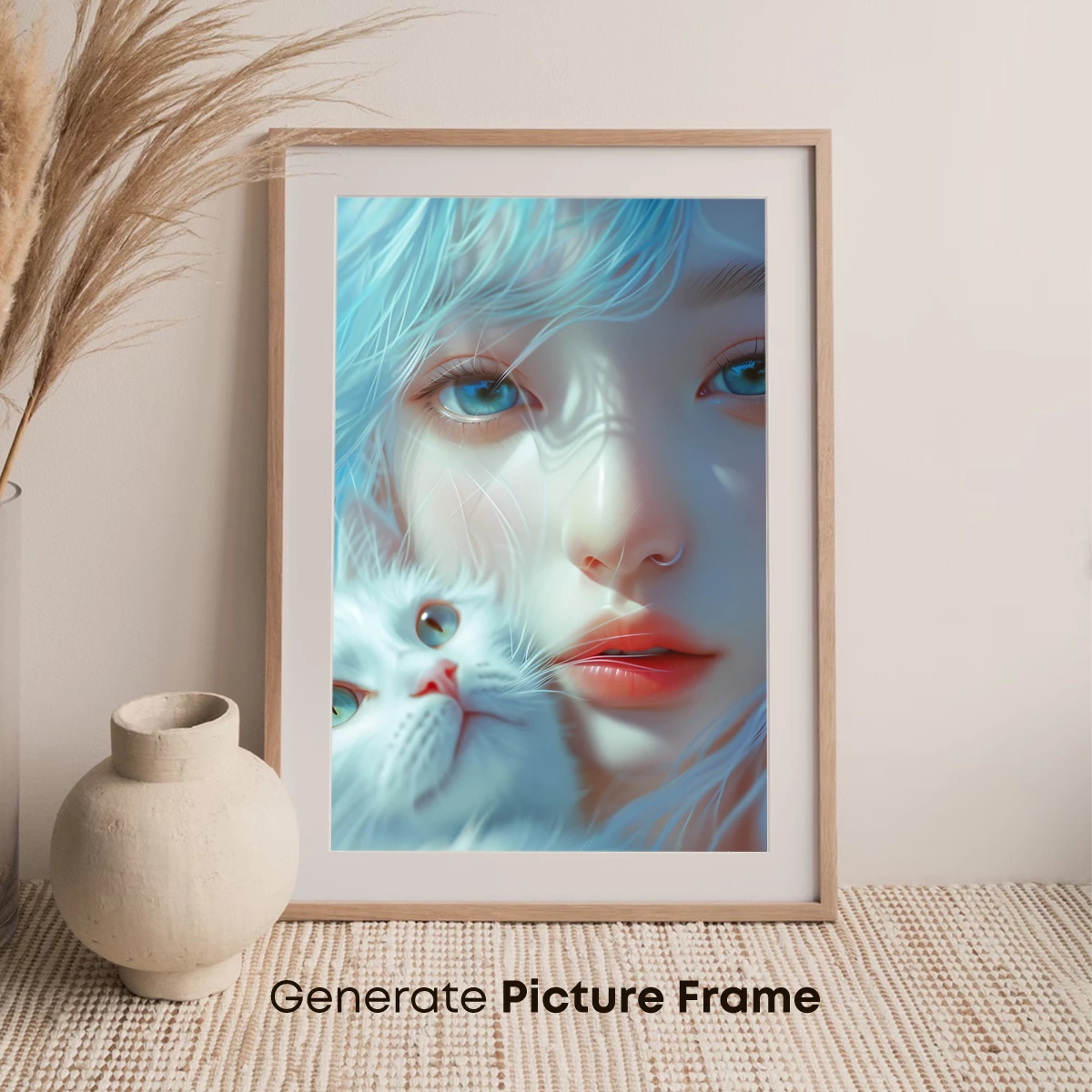 Ethereal Bond: Blue-Haired Muse and White Cat - Image 7