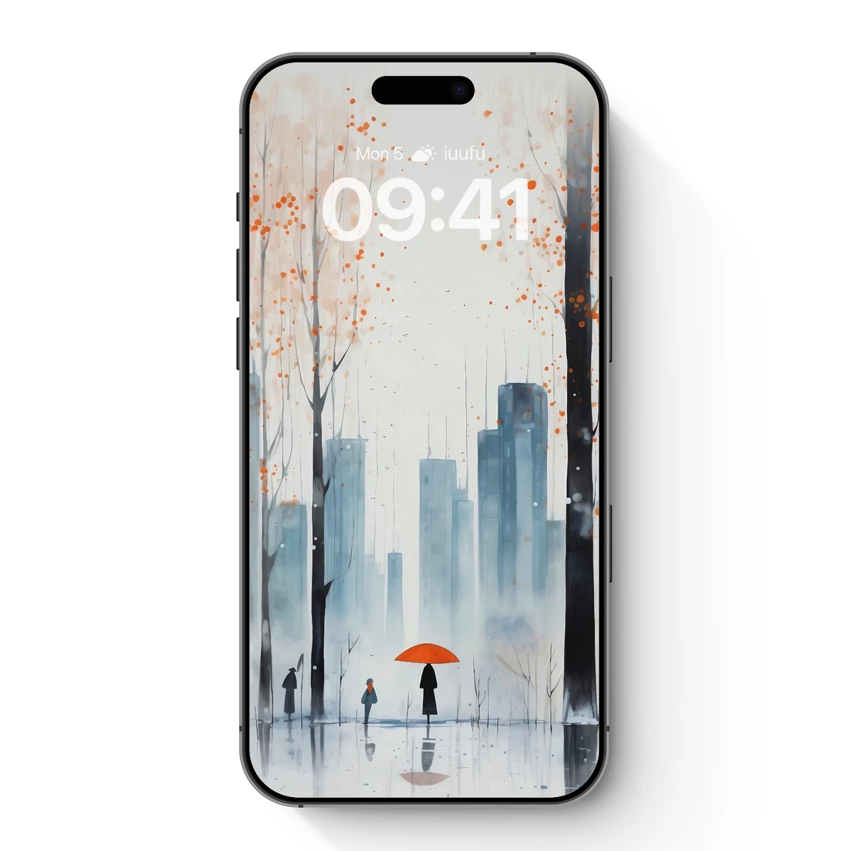 Autumnal City Solitude: Red Umbrella in Misty Skyscrapers