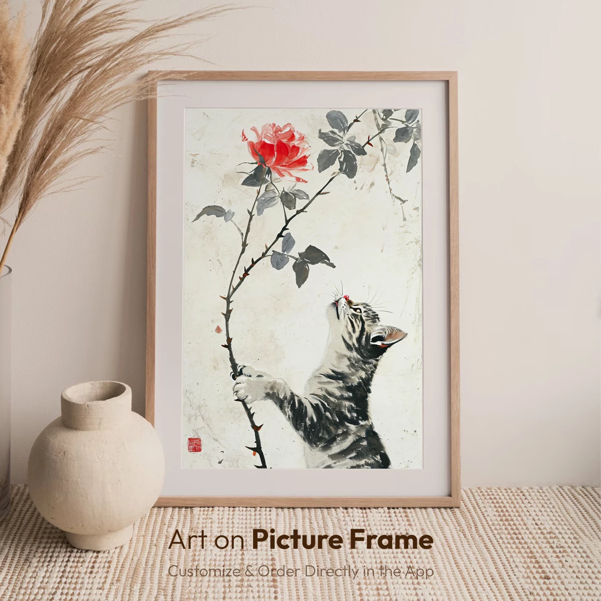 Curious Kitten and Crimson Rose: Ink Art Harmony - Image 7