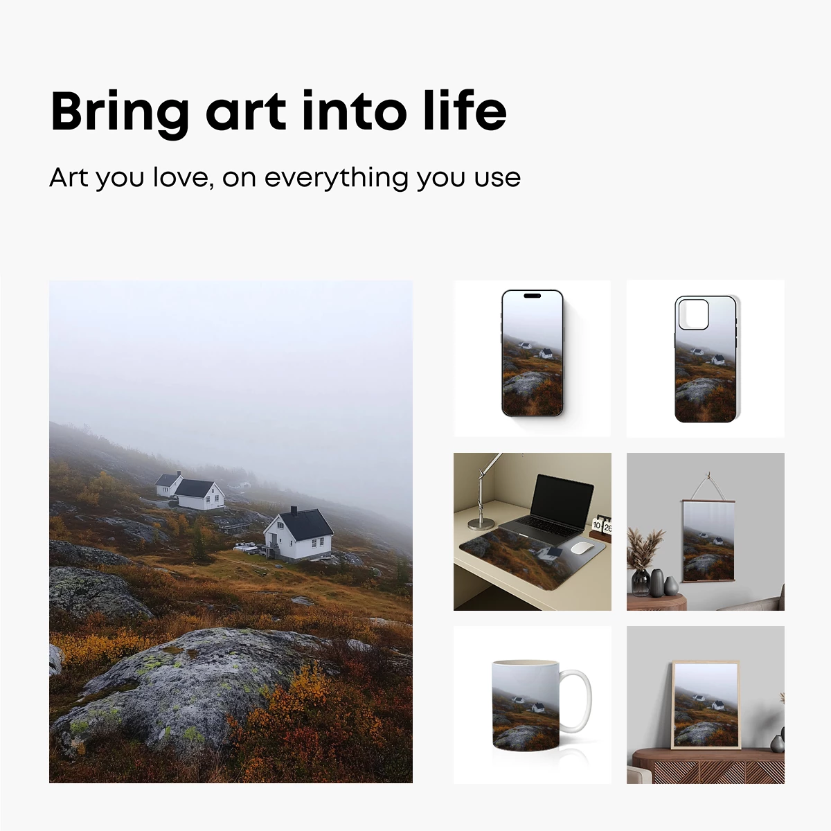 Misty Mountain Solitude: White Cabins in Autumn Haze - Image 2