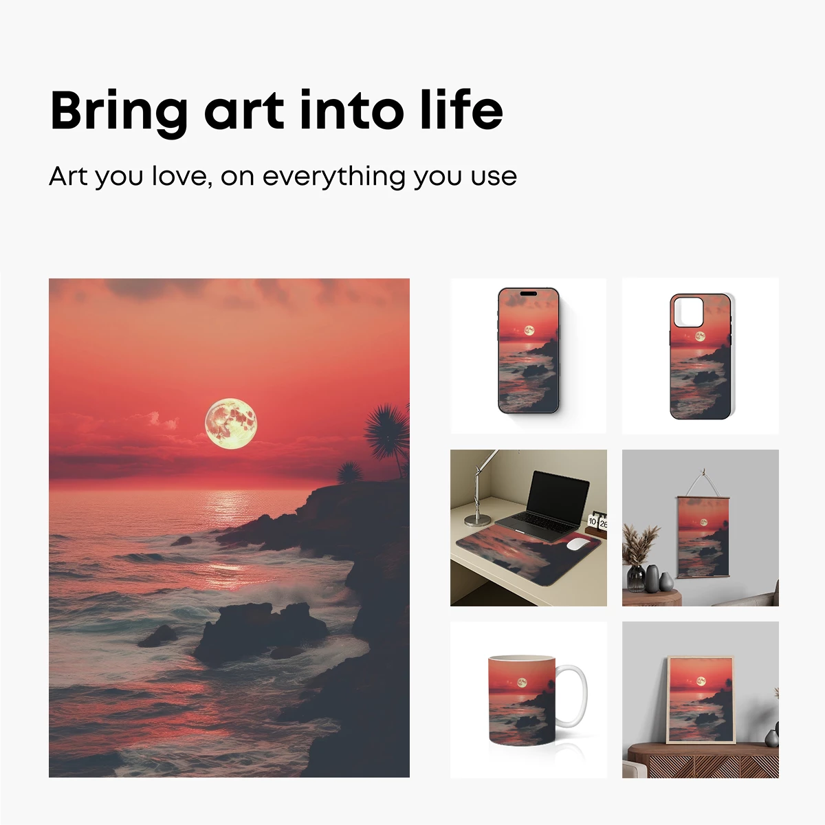 Crimson Sunset Moon Over Coastal Cliffs