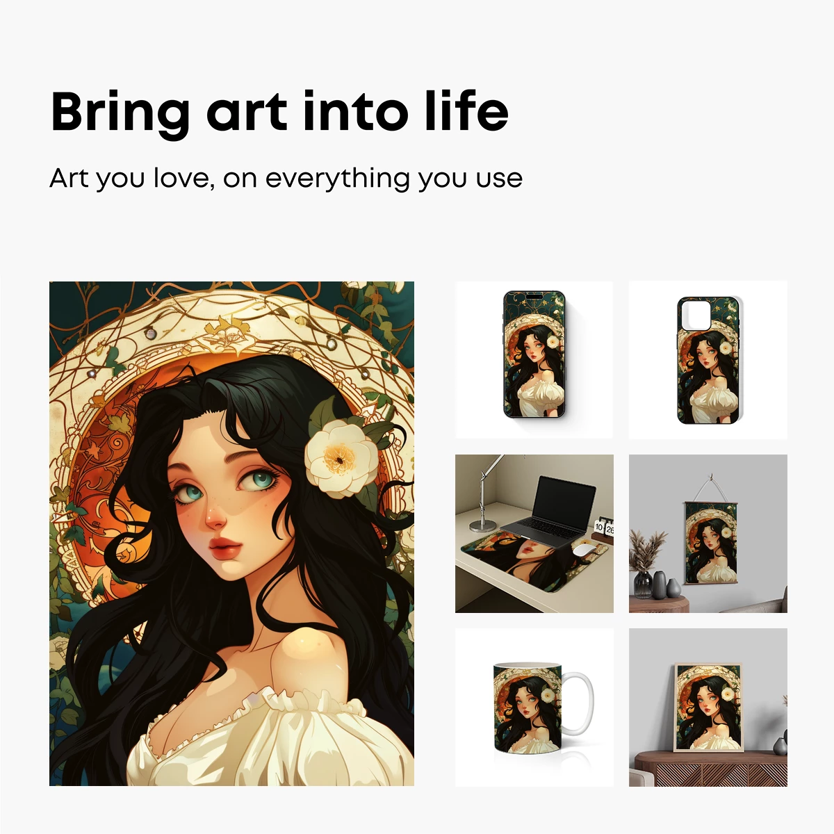 Enchanted Floral Portrait: Art Nouveau Elegance - Image 2