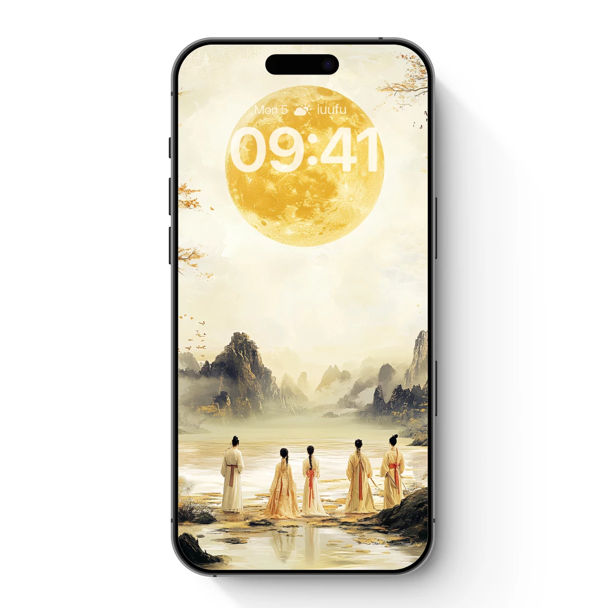 Eternal Moonlit Serenity: Ancient Figures in a Misty Landscape