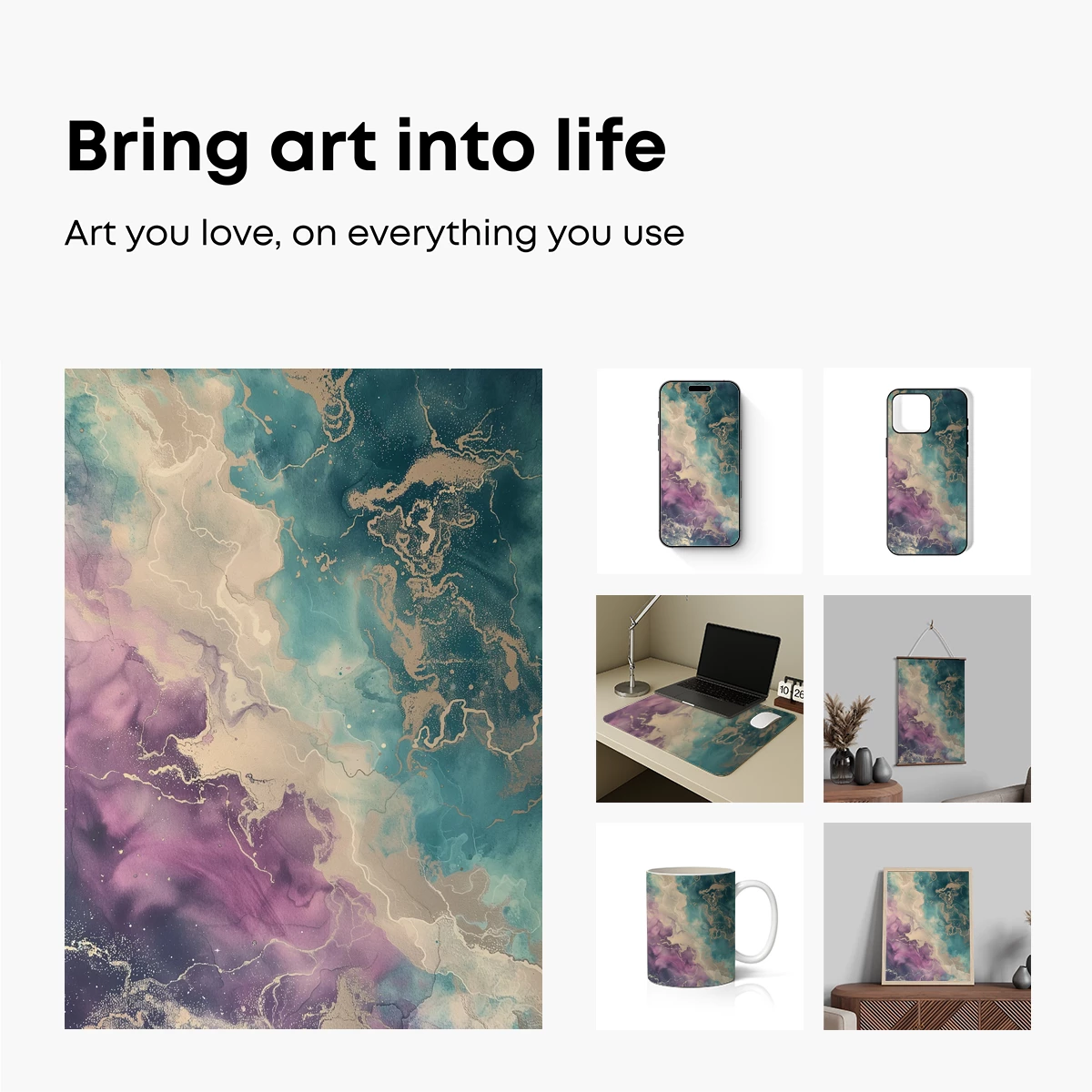 Ethereal Ink Fusion: Teal and Violet Abstract Art - Image 2