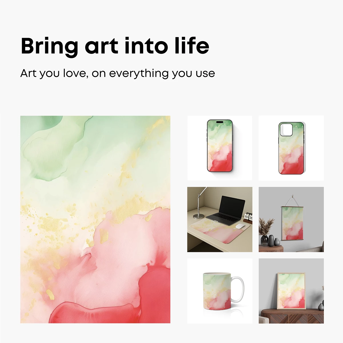 Abstract Watercolor Symphony: Green, Gold, and Rose - Image 2