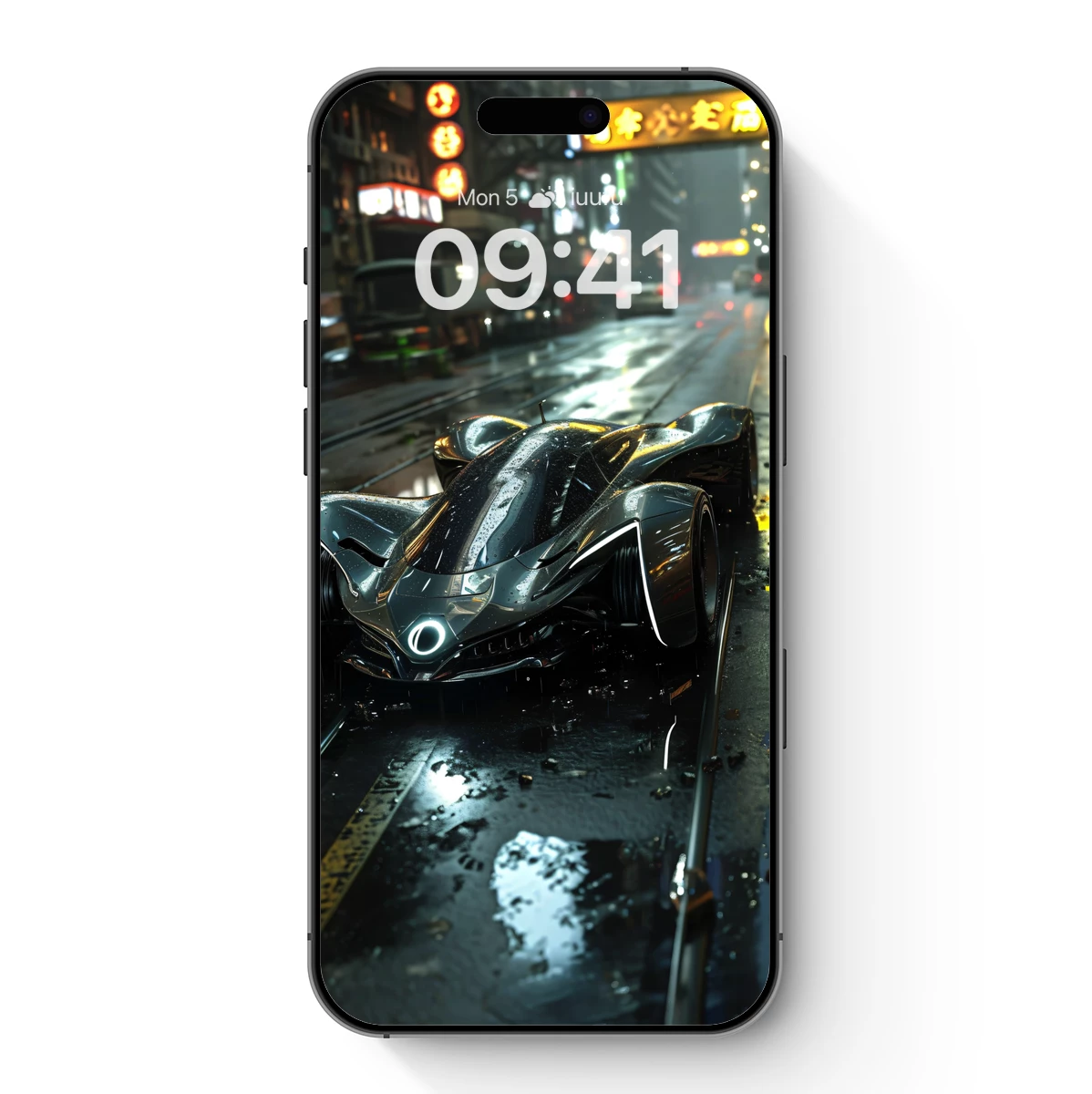 Futuristic Batmobile in Neon Cyberpunk Rain