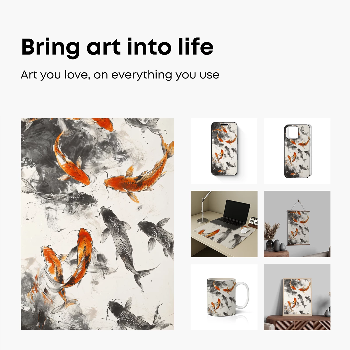 Ink-Swirl Koi: Elegance in Monochrome and Gold - Image 2