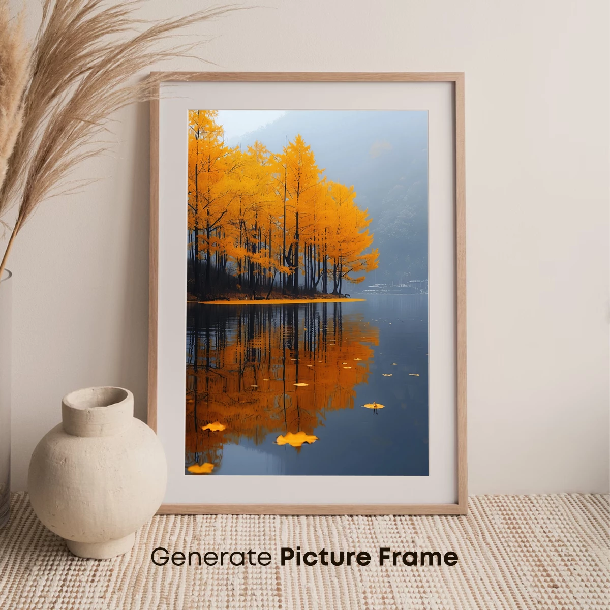 Autumn Reflections: Golden Trees Mirrored in Calm Waters - Image 7