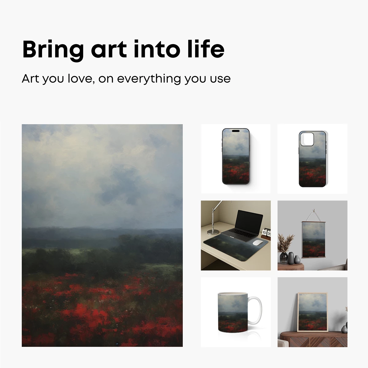 Crimson Fields Under Stormy Skies