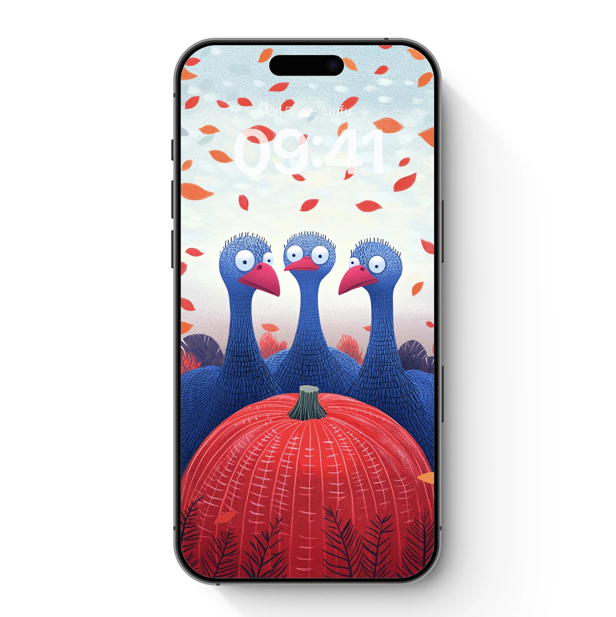 Autumnal Trio: Blue Birds & Crimson Pumpkin