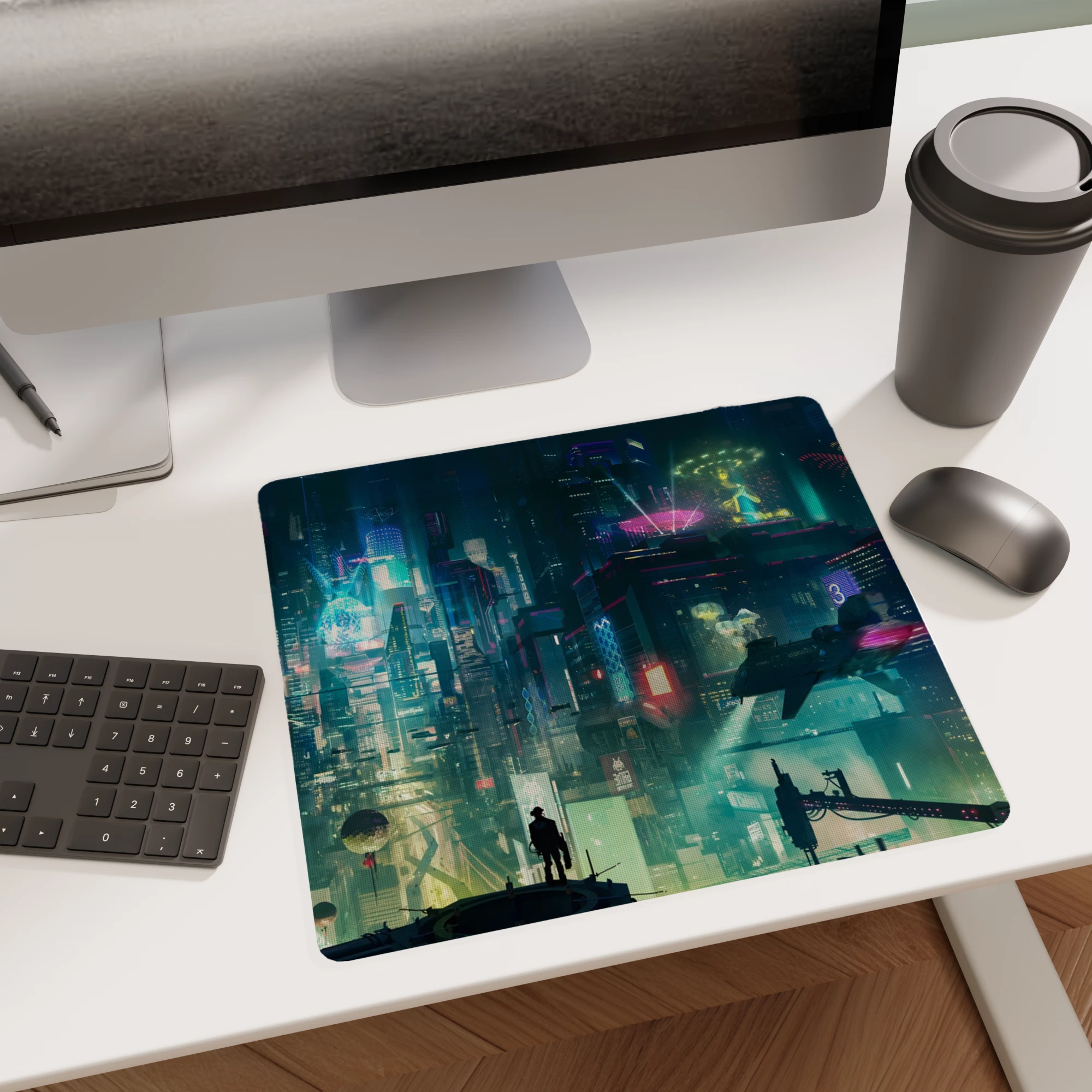 Neon Cyberpunk Cityscape Glass mouse pad - Image 2