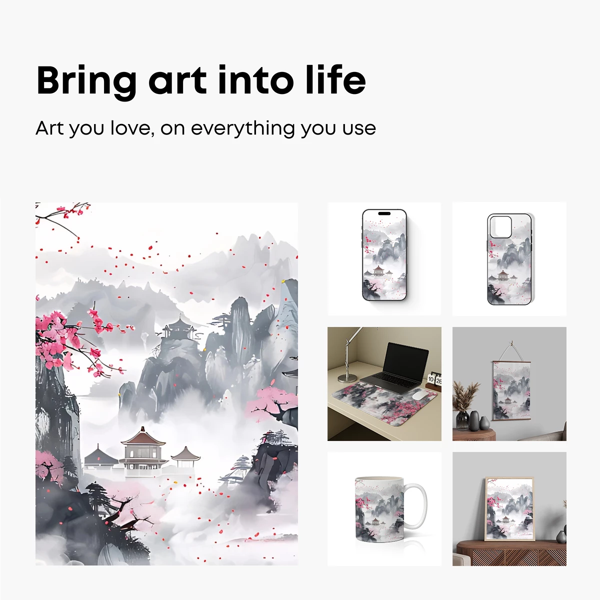 Cherry Blossom Zen: Ink-Wash Mountains & Pagodas - Image 2