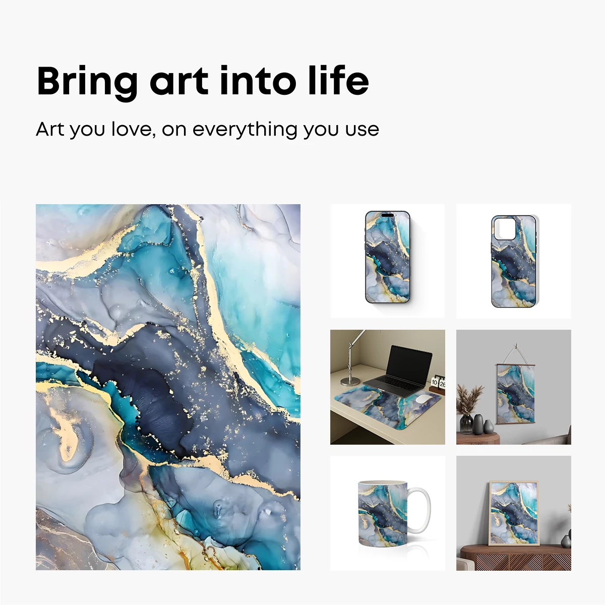 Ethereal Ink Fusion: Teal, Gold, and Gray Abstract Art - Image 2