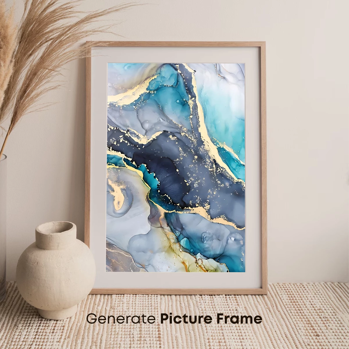 Ethereal Ink Fusion: Teal, Gold, and Gray Abstract Art - Image 7