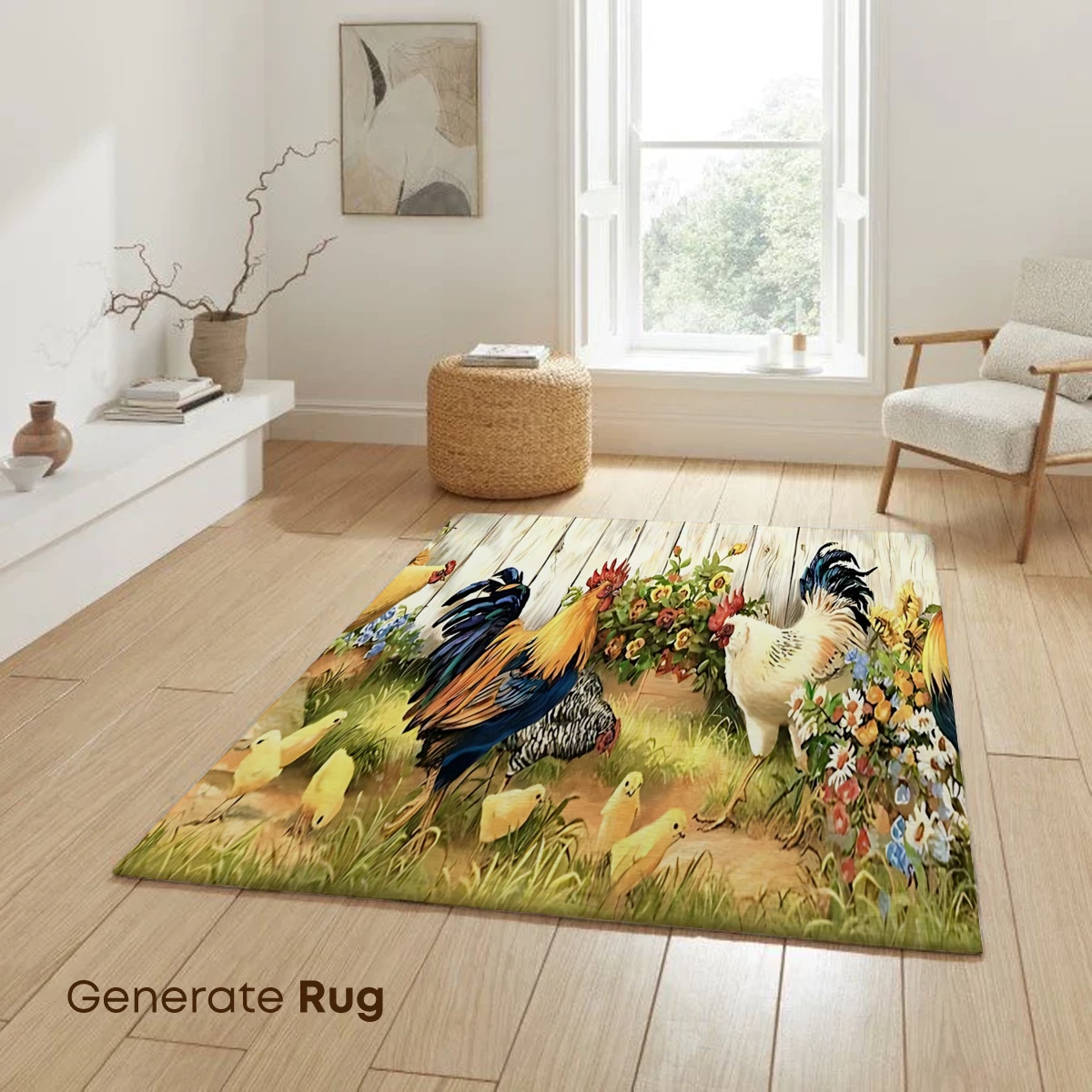 Charming Barnyard Symphony: Roosters and Chicks Amidst Floral Bliss - Image 6