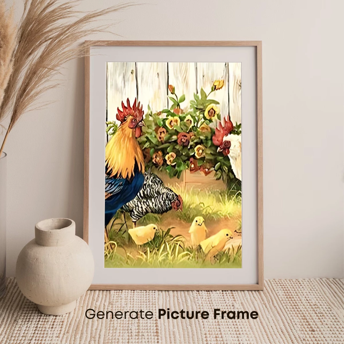 Charming Barnyard Symphony: Roosters and Chicks Amidst Floral Bliss - Image 7