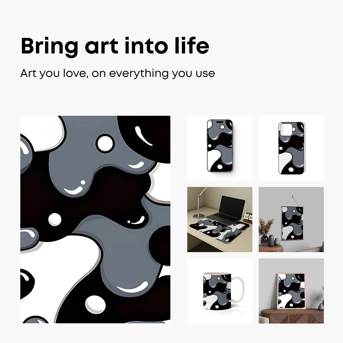 Abstract Fusion: Gray, Black, and White Blob Art - Image 2