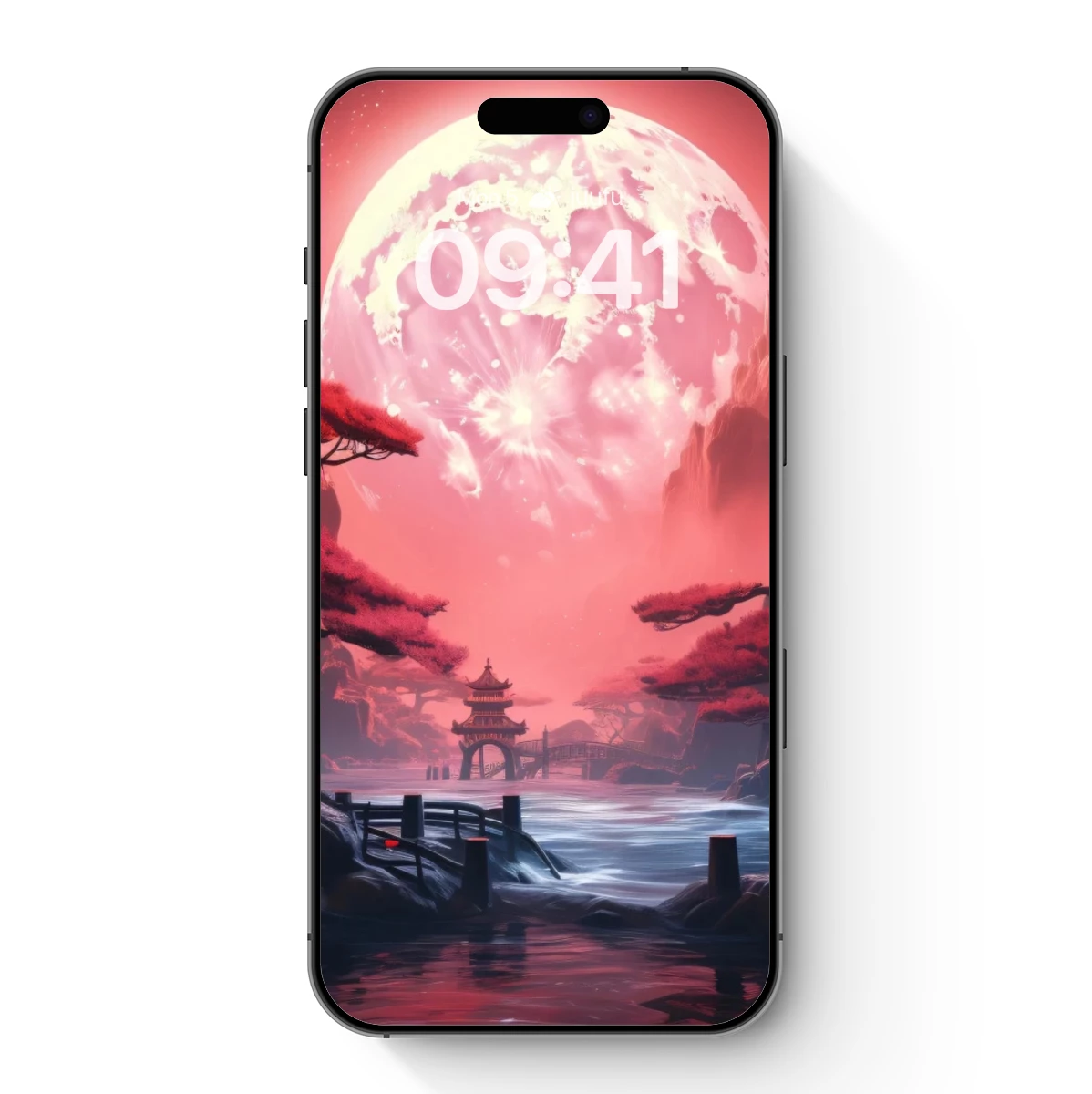 Crimson Moonlit Serenity: A Surreal Oriental Landscape