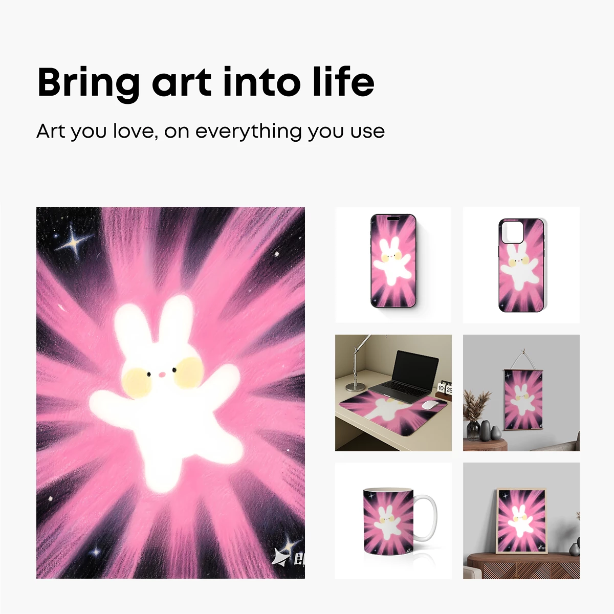 Cosmic Bunny Burst: Radiant Pink Galaxy Art - Image 2